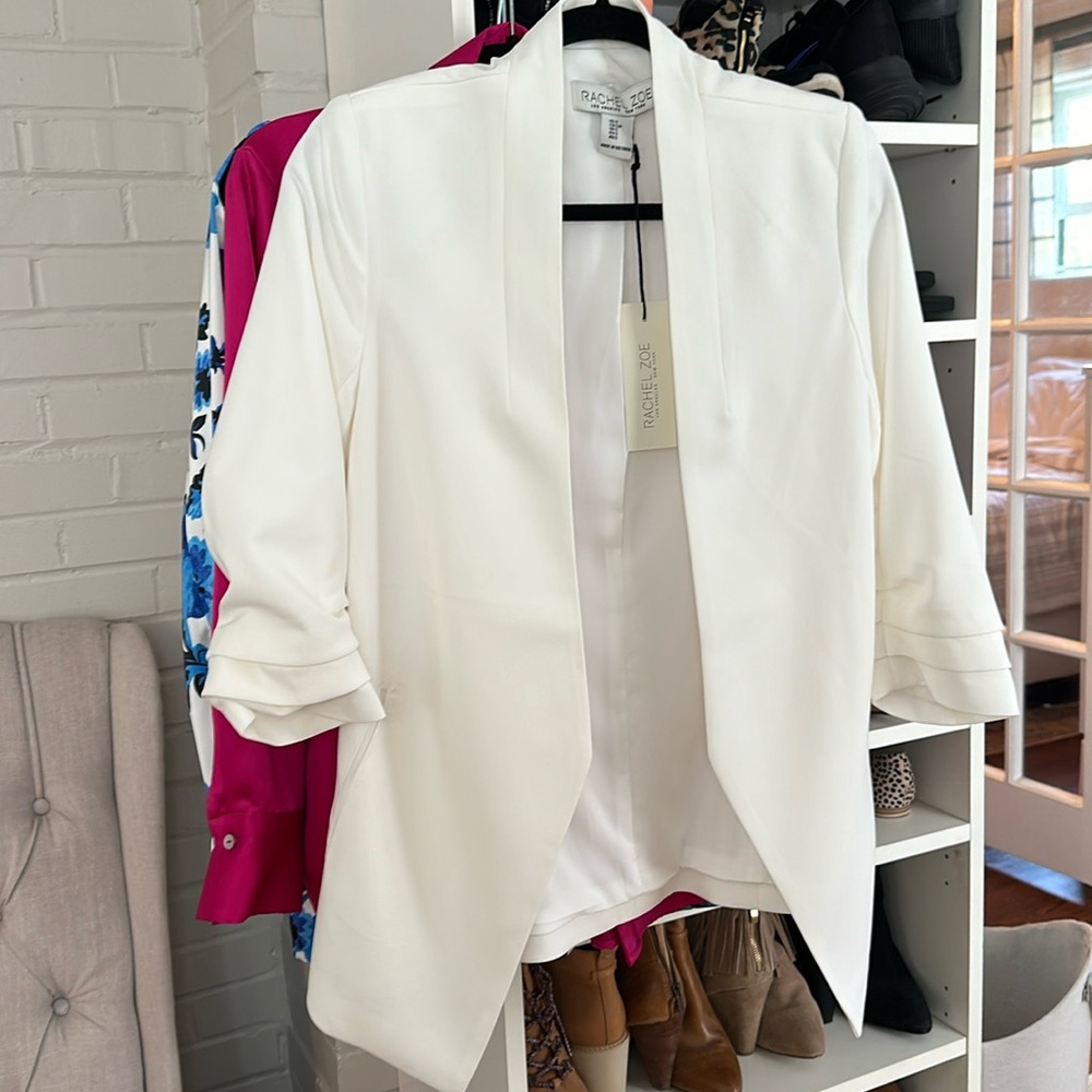 Rachel Zoe SZ S Open Front Blazer Ruched Sleeves White NWT